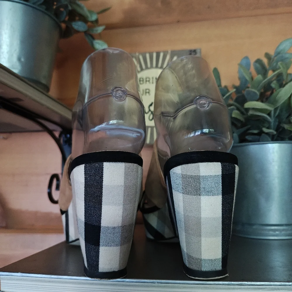Sacha London Kali Leather Plaid Fabric Slip On Platform Wedge Heels Sandals Sz 6